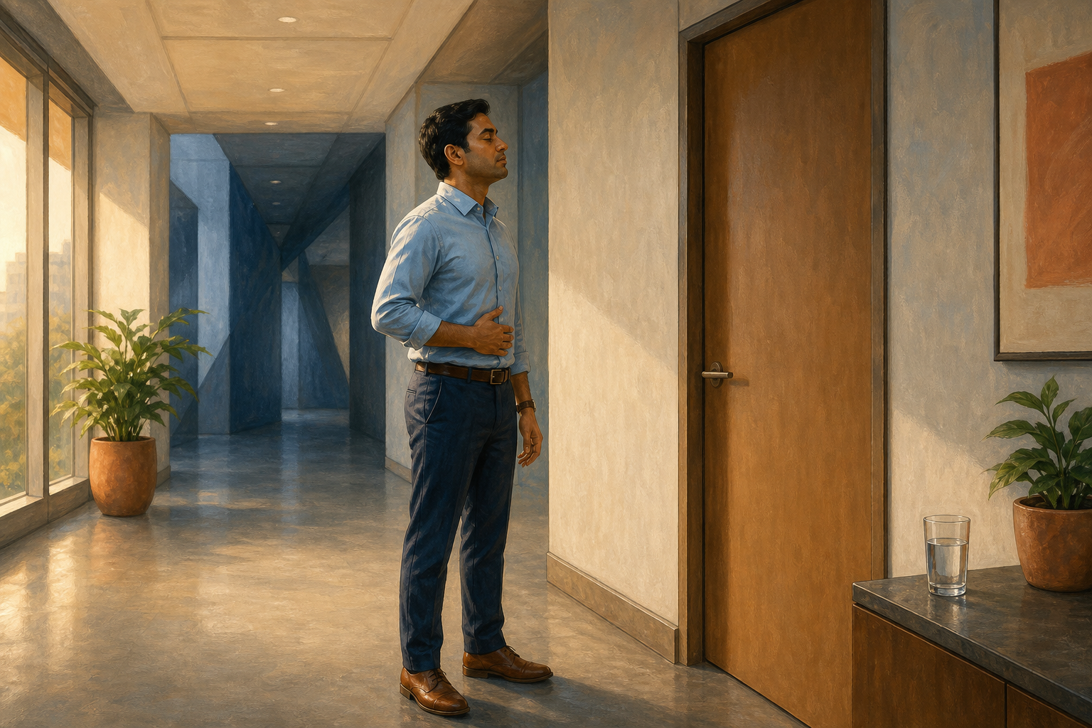 A man grounds himself with both feet planted and exhales slowly outside a closed meeting-room door.
