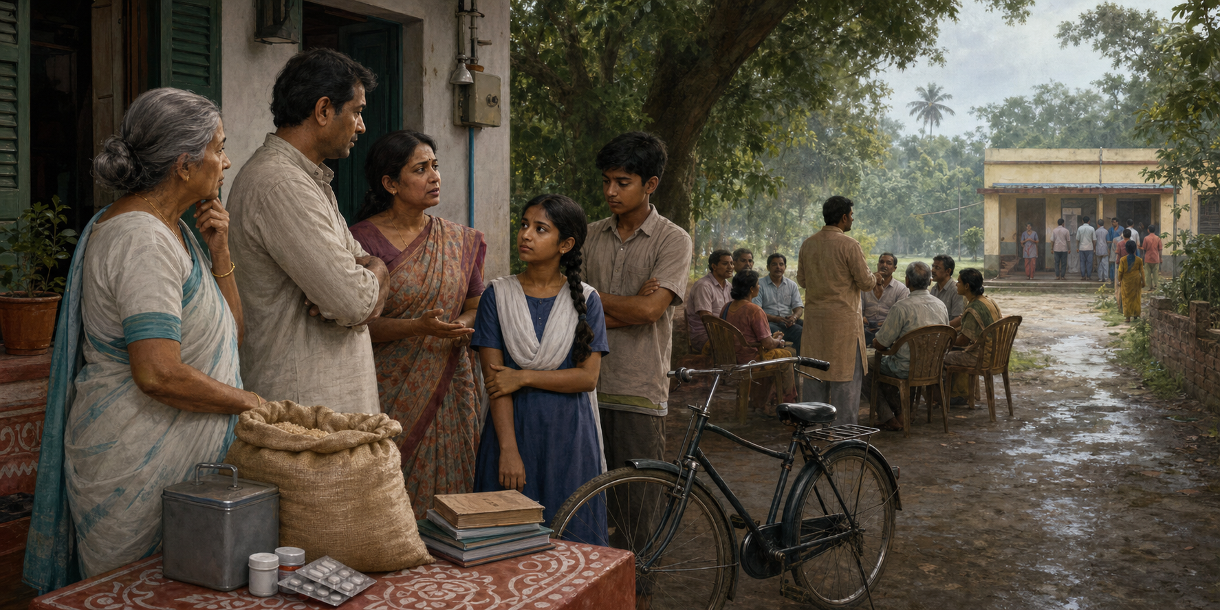 A Bengali family considers household benefits outside its home while a neighborhood meeting and polling station appear nearby.