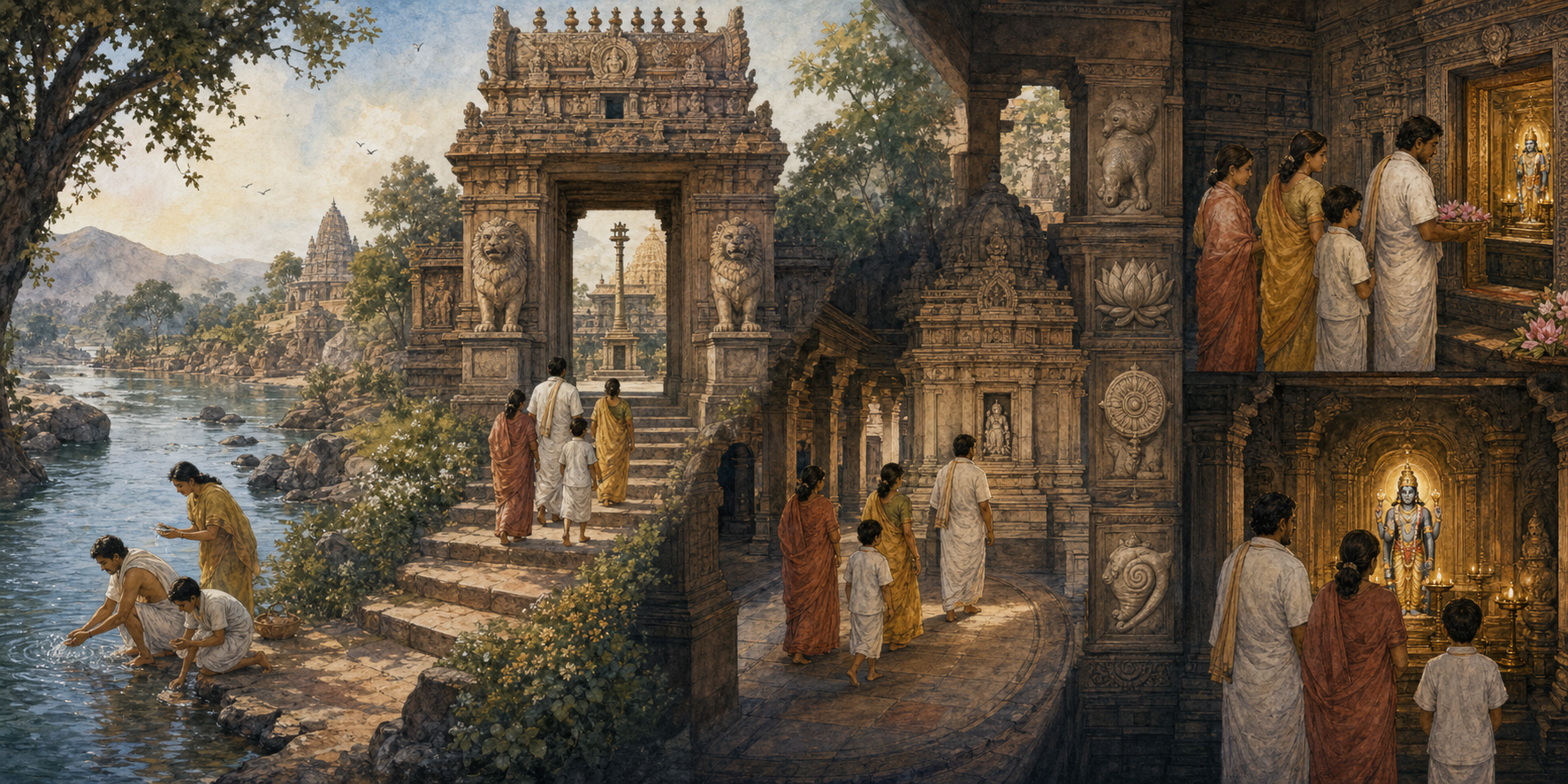 Pilgrims move from a riverbank through a temple gateway and circumambulatory passage toward a warmly lit Vishnu sanctum.