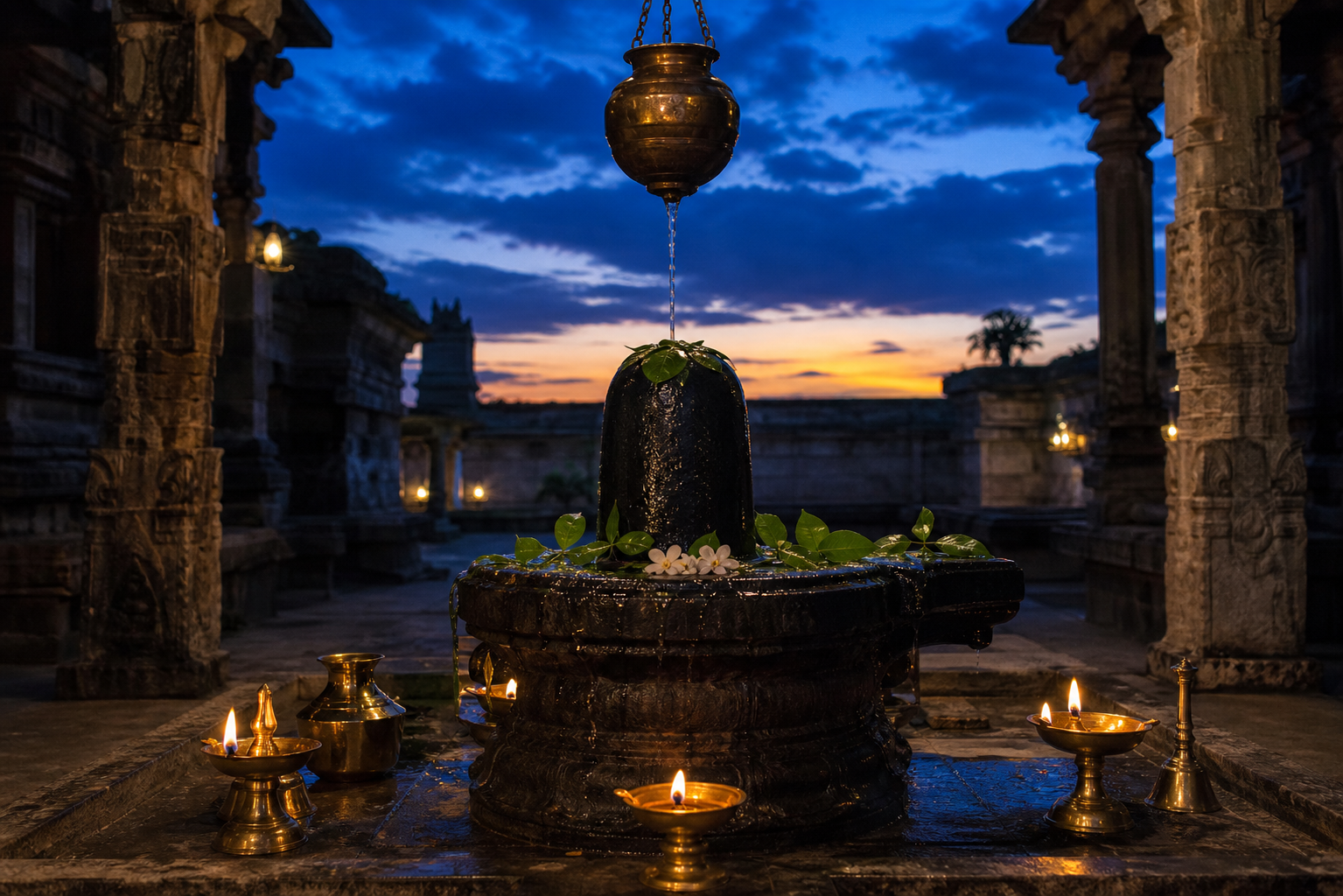 A Shiva lingam decorated with bilva leaves and white flowers is illuminated by oil lamps in a stone temple courtyard at twilight.