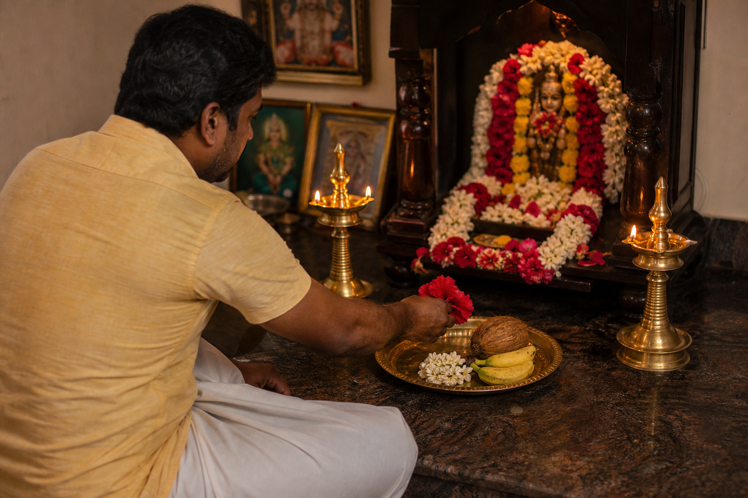 A devotee holds a brass plate of flowers, fruit, coconut, turmeric, and kumkum near a compact house-temple sanctum.