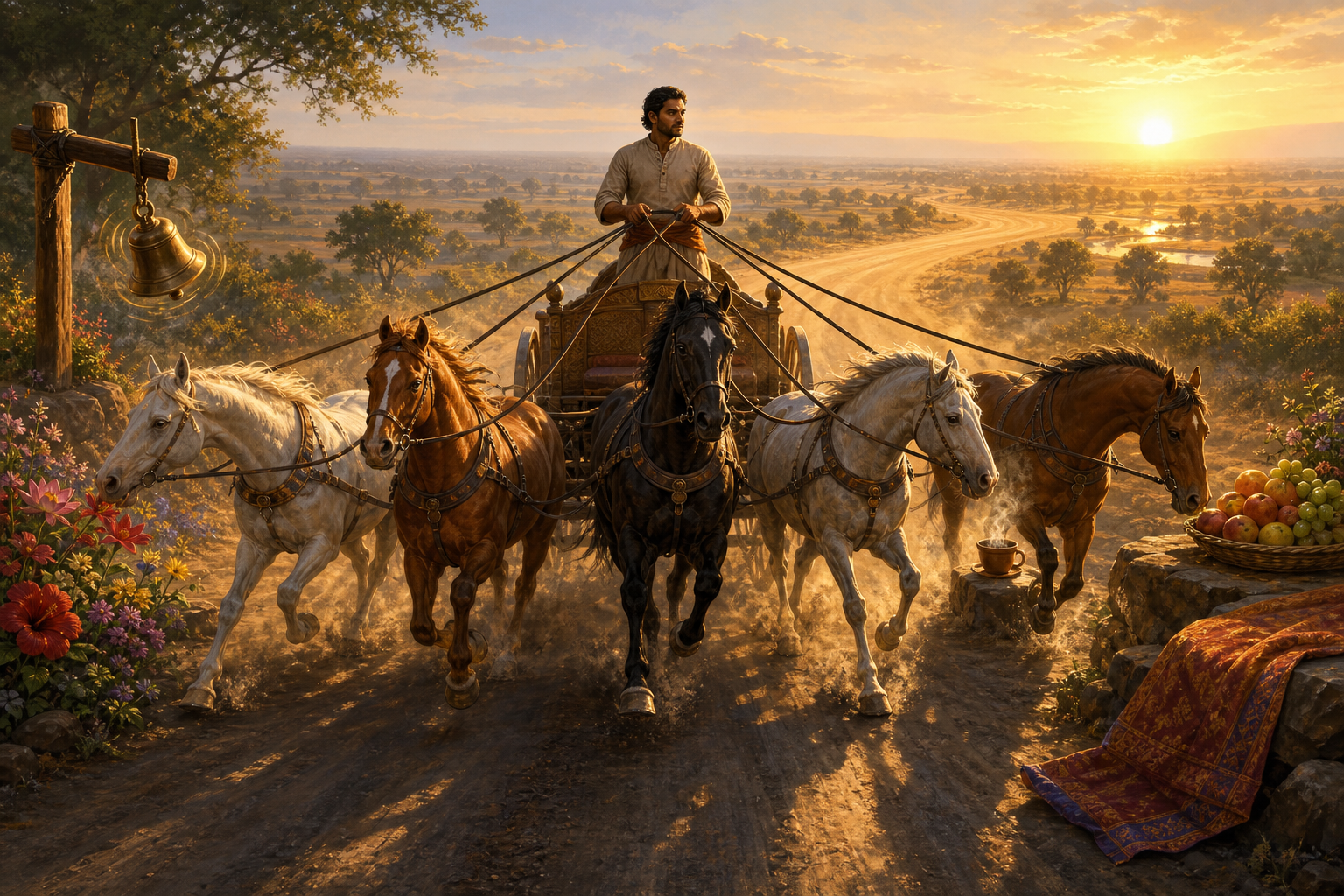 A calm charioteer guides five energetic horses past flowers, a bell, a steaming cup, fruit, and textured cloth.