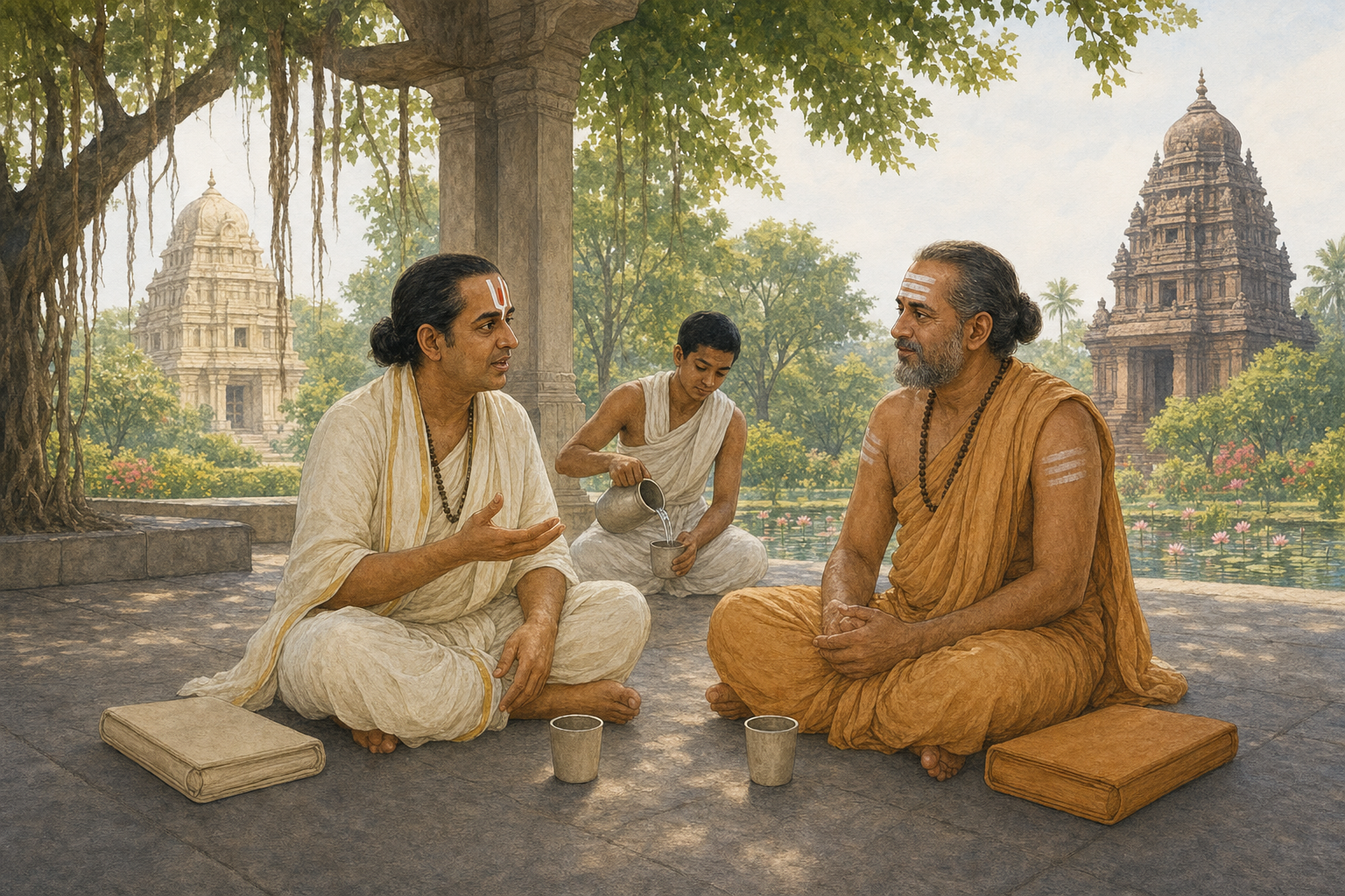 Vaishnava and Shaiva scholars with different forehead markings converse on a stone veranda while a student pours water nearby.
