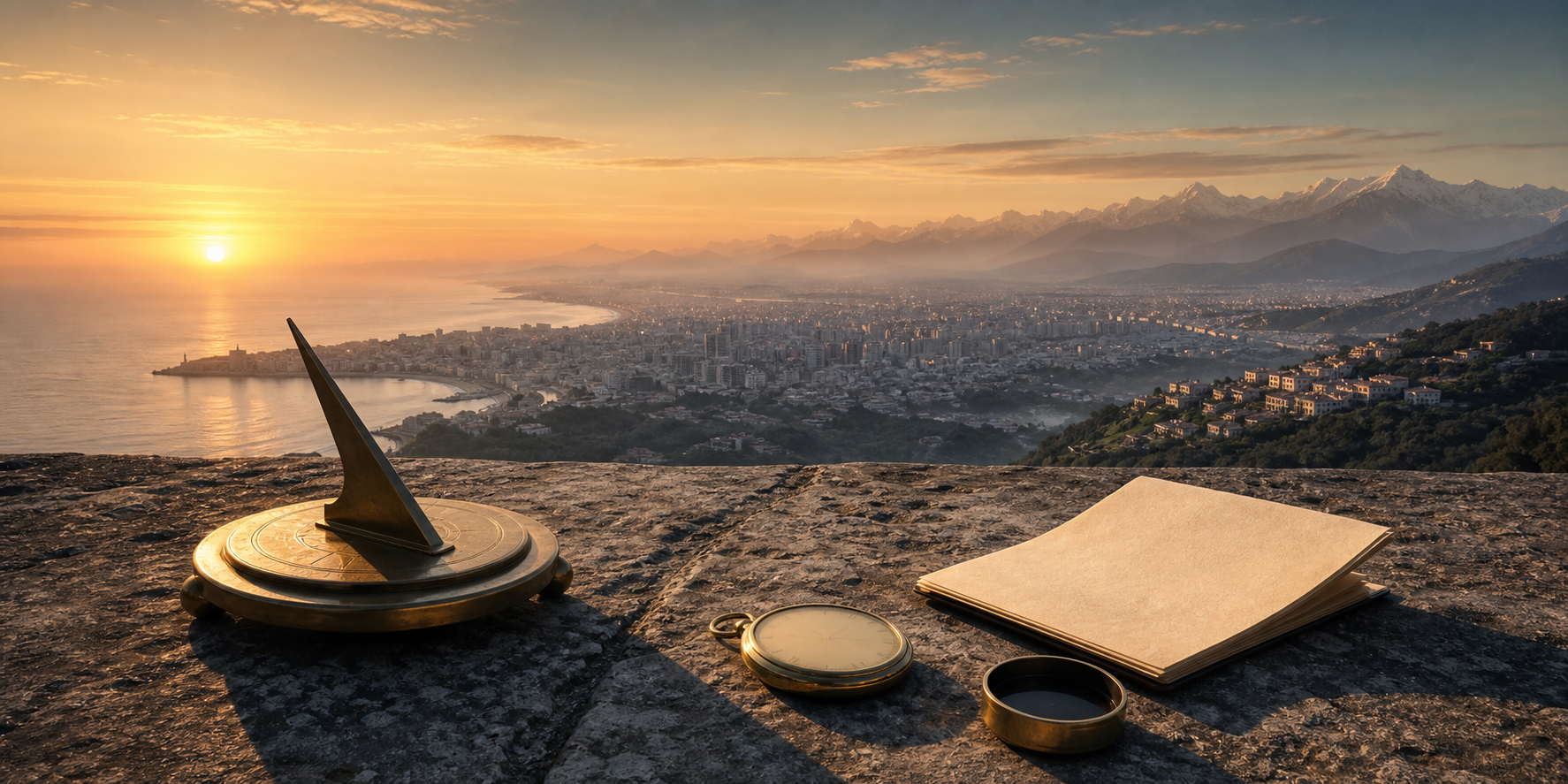 A brass sundial, unmarked timepiece and compass overlook coastal, urban and mountain settlements lit by different stages of sunrise.