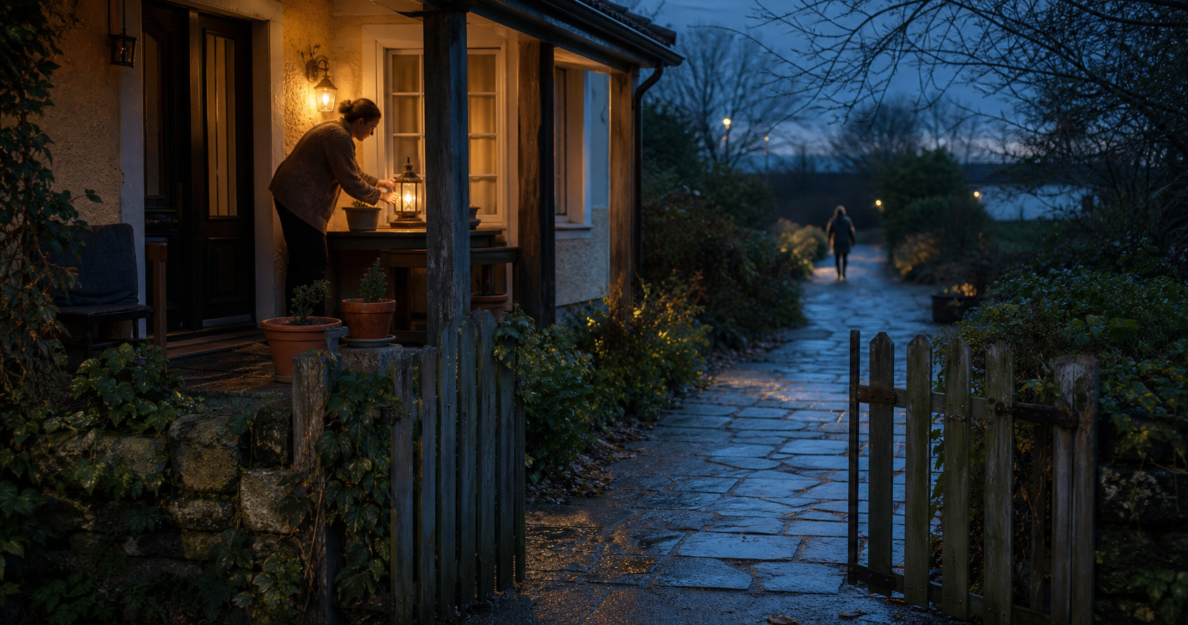 A person lights a porch lamp while a distant figure approaches along a path toward a slightly open garden gate.