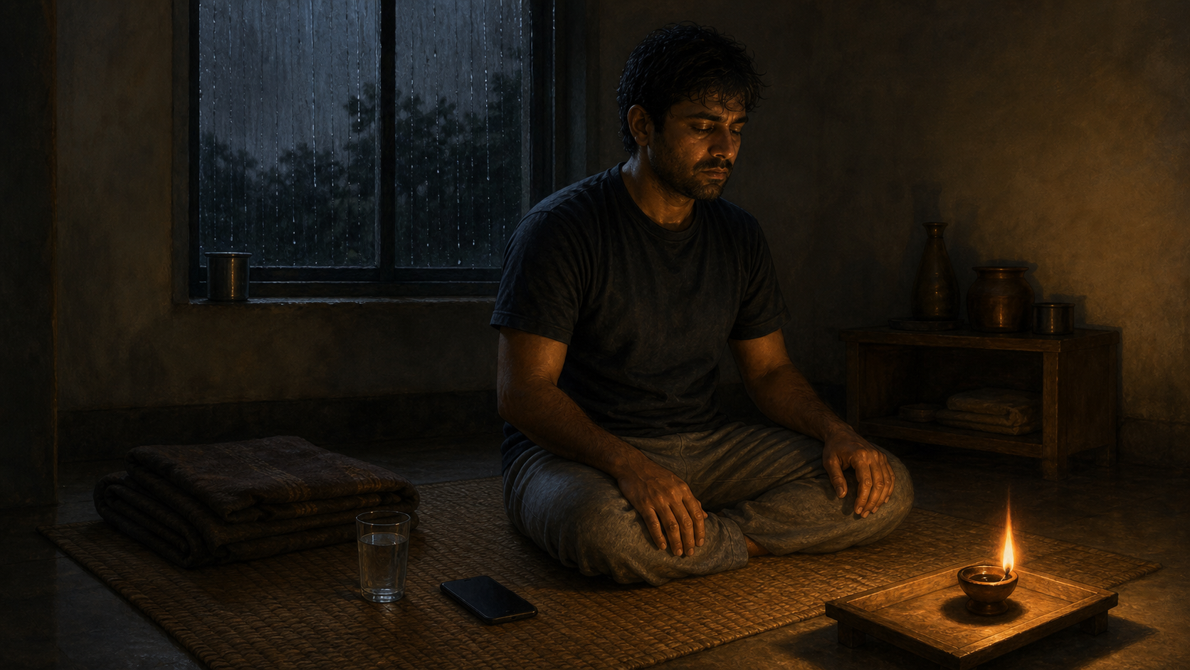 A tired person maintains a simple seated morning practice beside a rain-streaked window and a small oil lamp.
