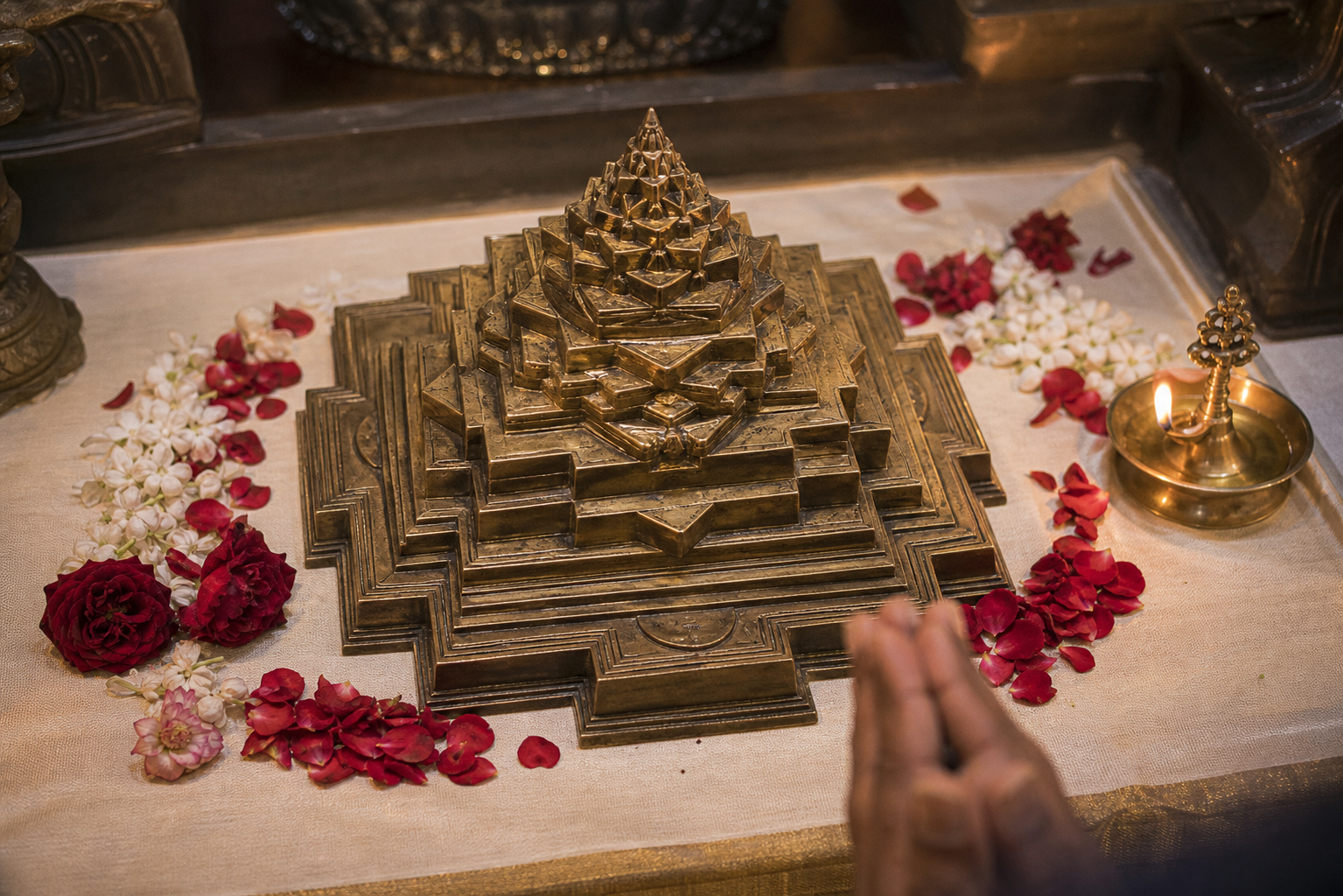 An engraved copper Sri Chakra is arranged on an altar with hibiscus, jasmine, turmeric, kumkum, and a brass oil lamp.