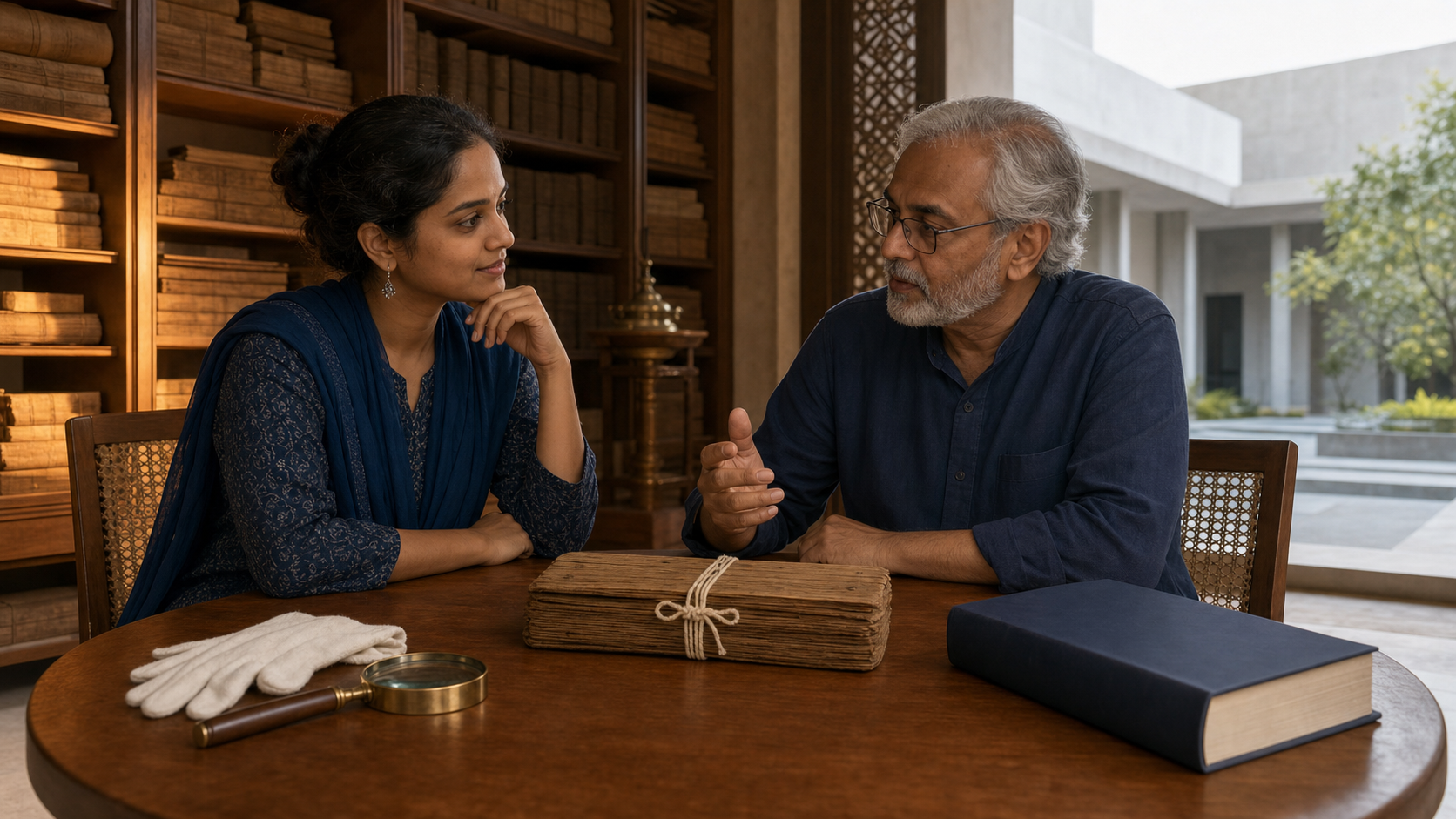 Two Indian researchers examine a closed palm-leaf manuscript bundle beside a magnifying glass and an unmarked modern law book in an archive.