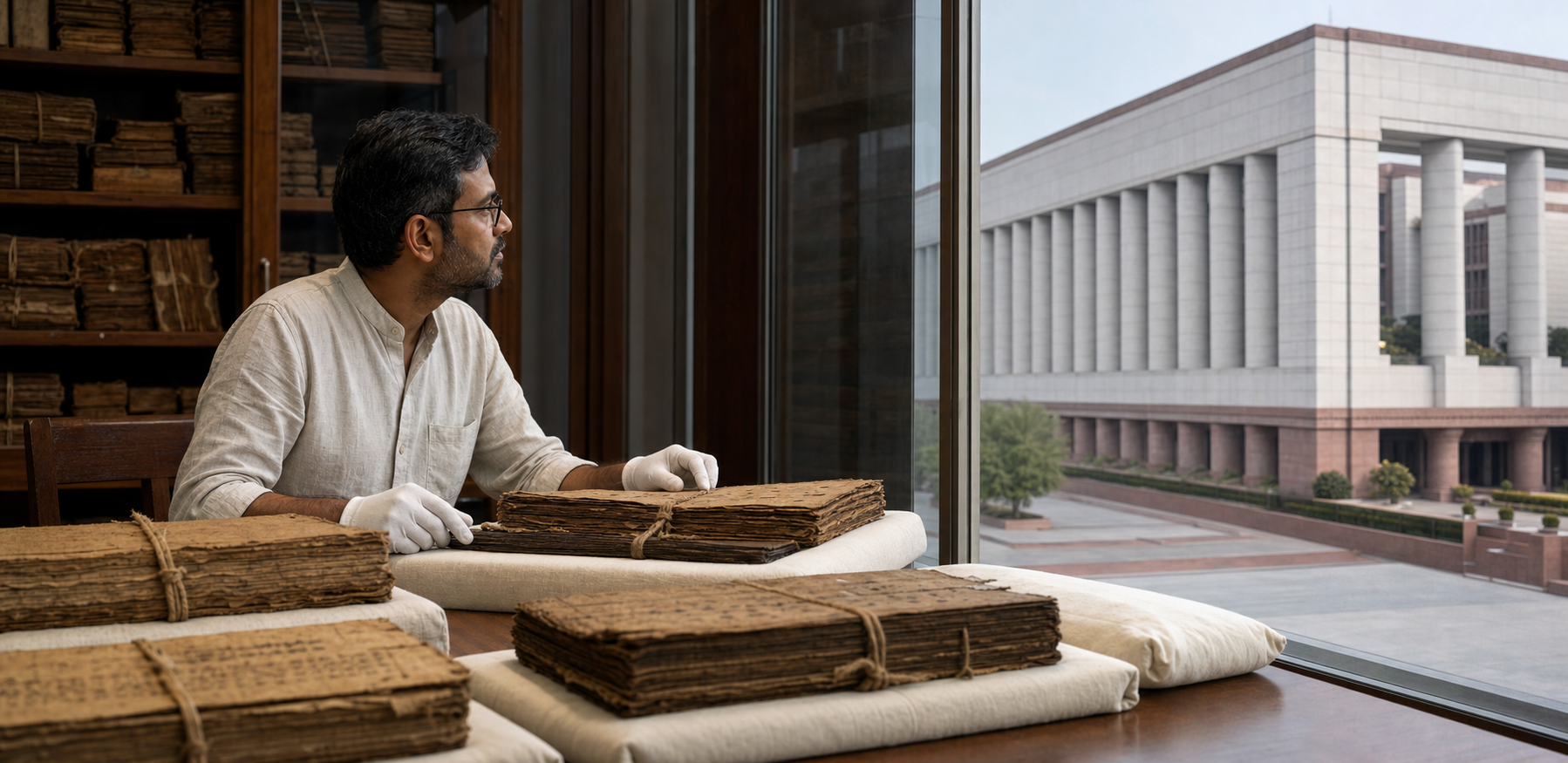 A historian examines old manuscript bundles in an archive beside a view of a modern courthouse interior.