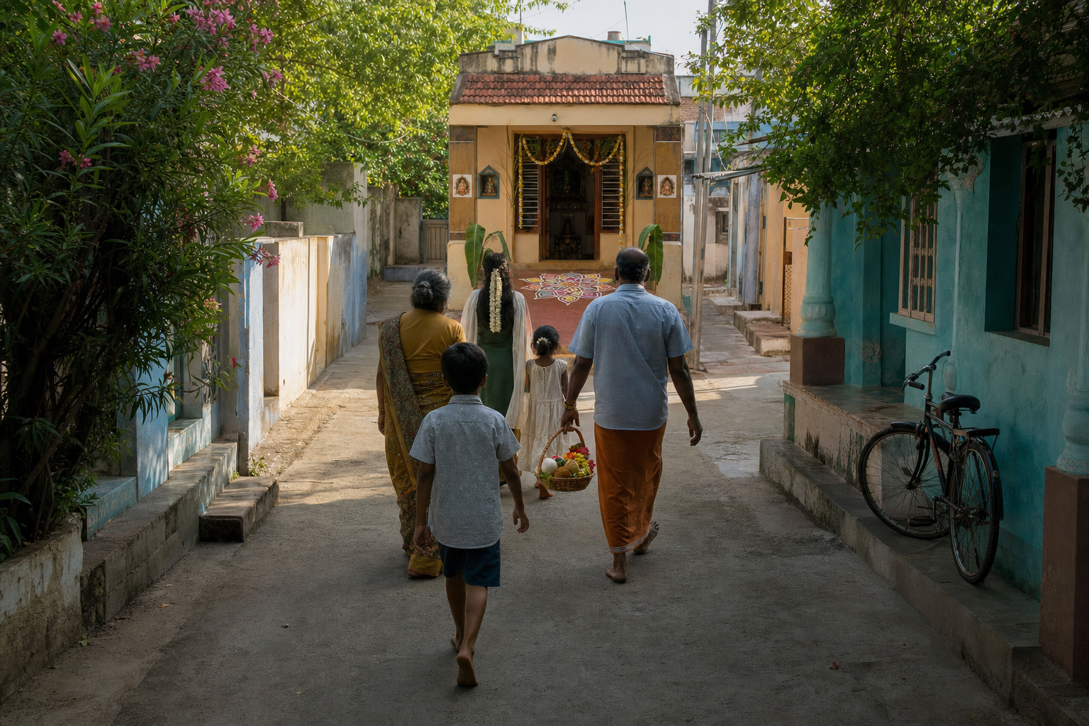 A family carries flowers, fruit, and a coconut along a residential lane toward a modest South Indian house-temple.