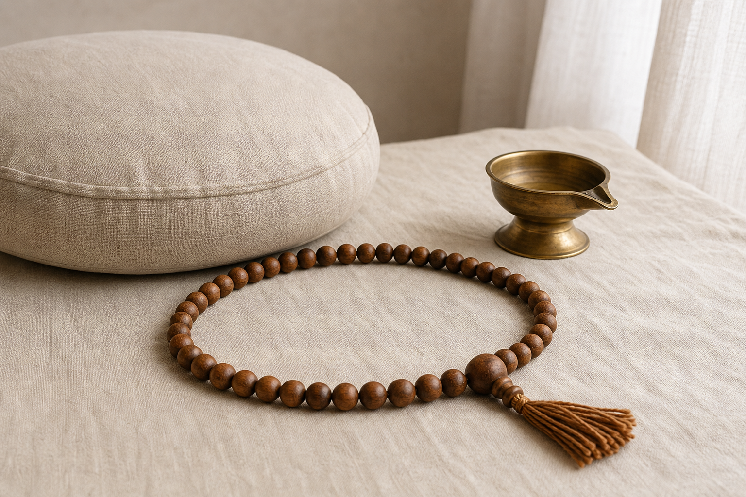 A wooden mala with a larger guru bead and tassel rests beside a plain meditation cushion and brass lamp.
