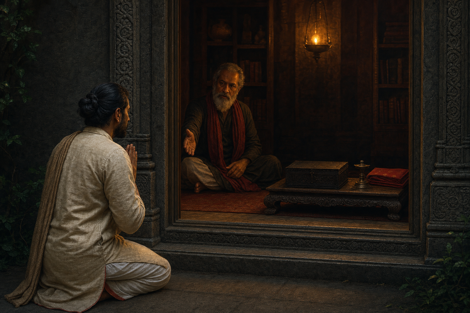 A practitioner waits with folded hands at a temple-study doorway while a seated teacher invites private instruction inside.