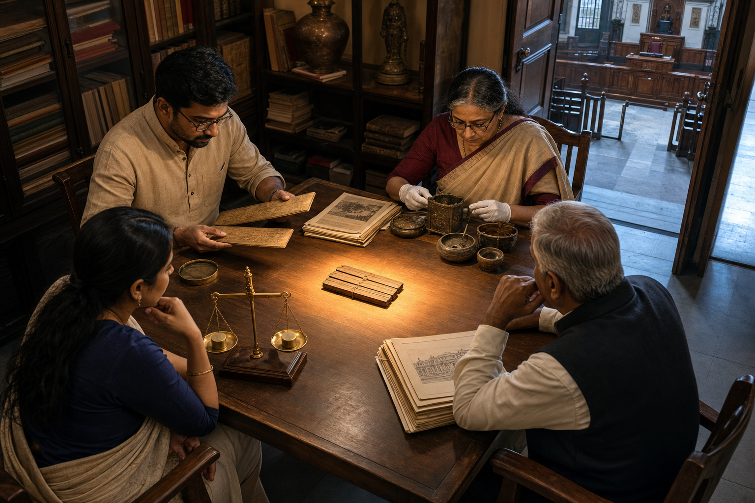 Four researchers around a square table examine one palm-leaf folio using manuscript comparison, historical evidence, an equal scale, and a courtroom setting.