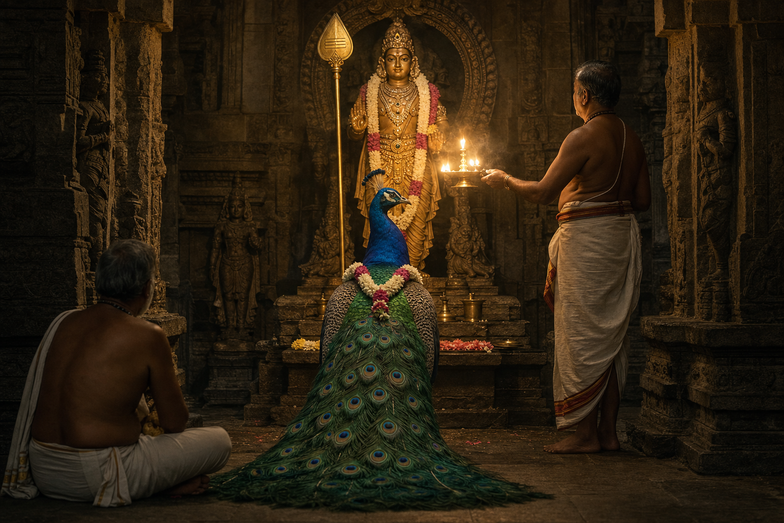 A sacred peacock vahana is aligned with Murugan and the Vel inside a stone sanctum as a seated devotee observes the full arrangement.