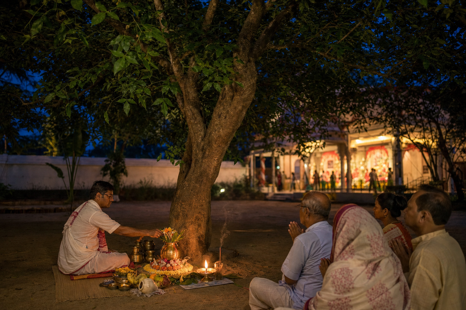 A priest and several devotees perform an evening puja beneath a bel tree, with lamps, flowers, a brass vessel, and a Durga Puja pavilion in the background.