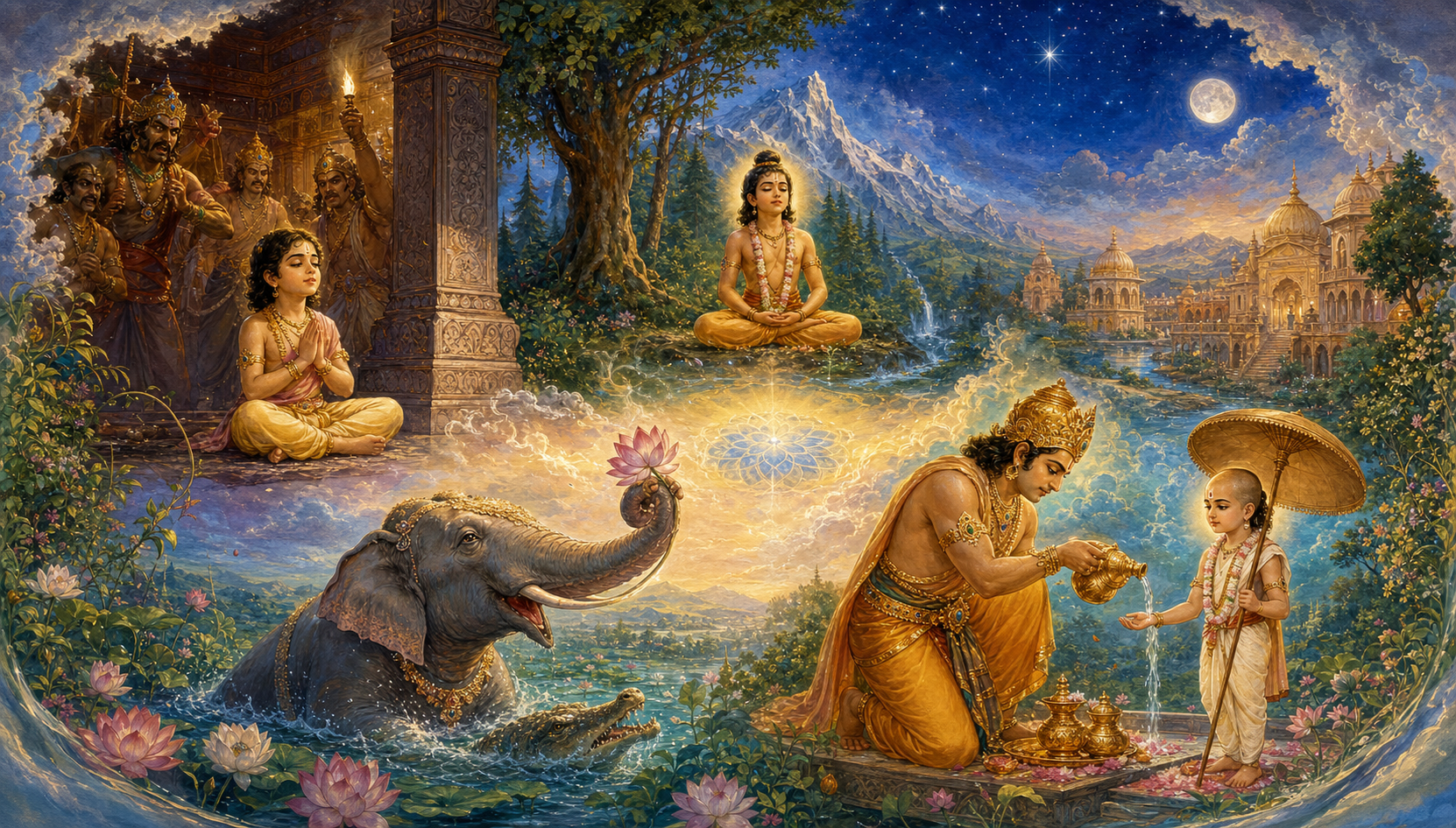 Prahlada, Dhruva, Gajendra, and King Bali appear in four connected devotional scenes surrounding a central golden-blue radiance.