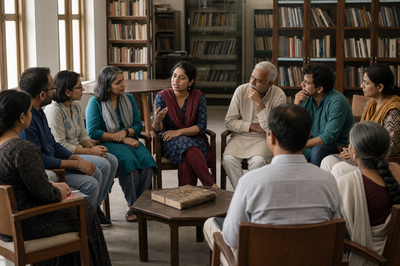 A diverse group of Indian adults holds an equal-seated discussion around an old manuscript in a community library.