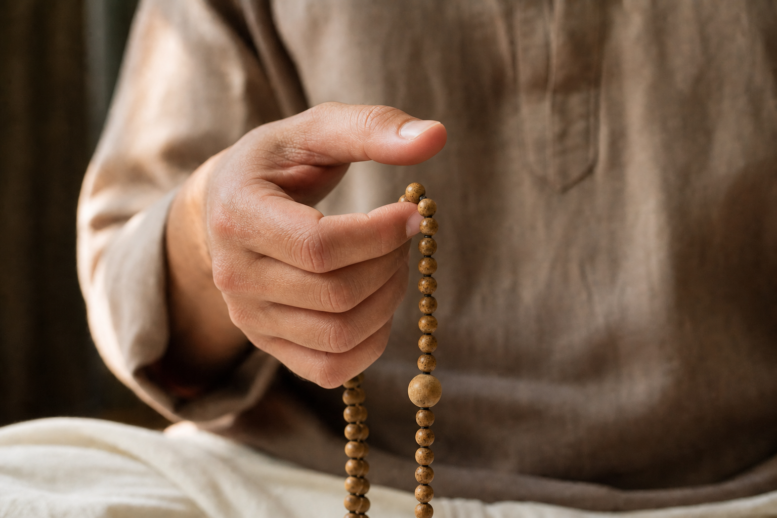 Close-up of a relaxed hand using the thumb and middle finger to advance one wooden mala bead.
