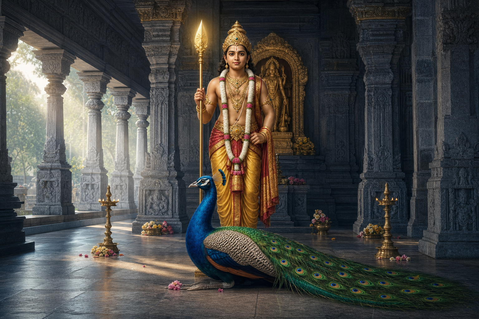 Murugan holds an upright Vel above a calm peacock whose folded tail curves across the floor of a sunlit stone temple hall.