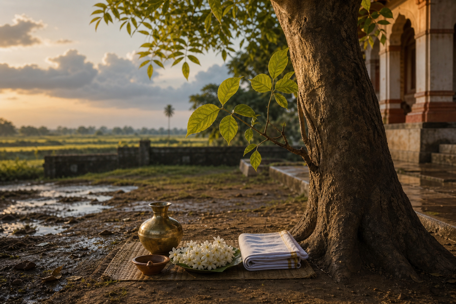 A prepared ritual space with a brass vessel, lamp, flowers, and folded cloth stands beneath a bel tree in an autumn temple courtyard.