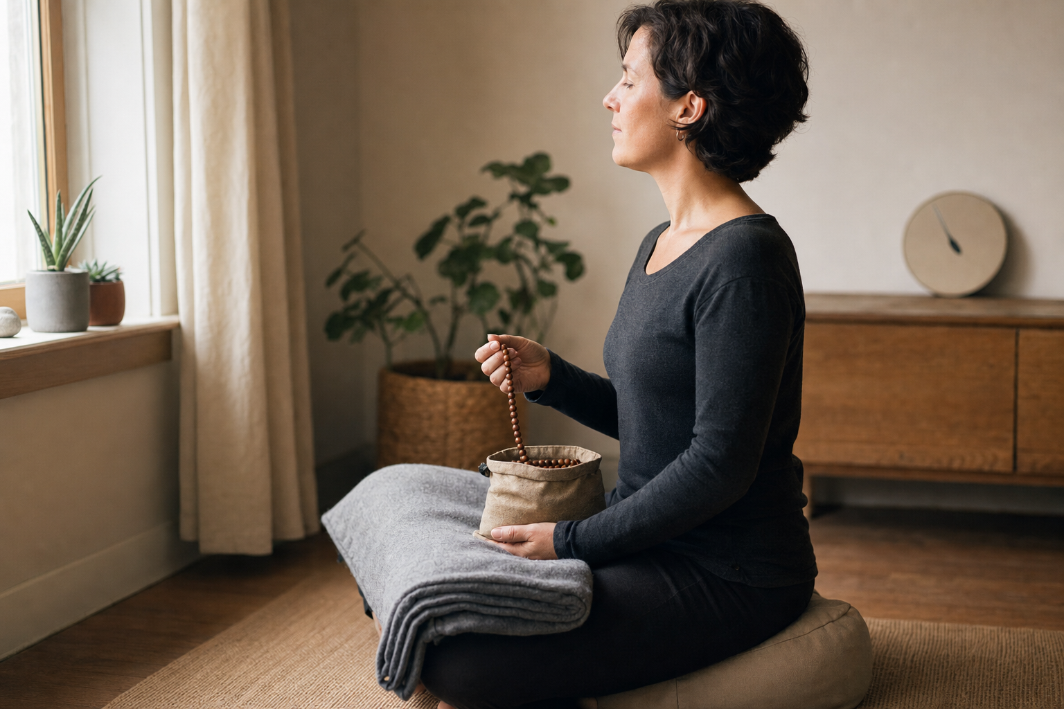 A practitioner uses a wooden mala while seated comfortably with a folded blanket supporting the knees.