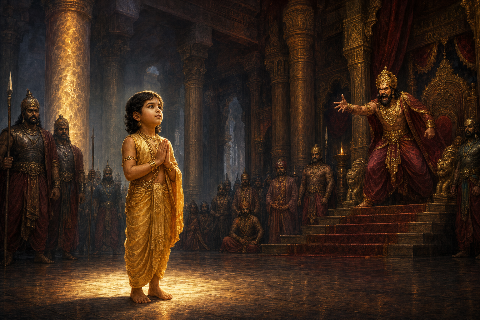 Prahlada stands calmly with joined hands in a shadowed palace hall as his angry father and assembled courtiers face him.