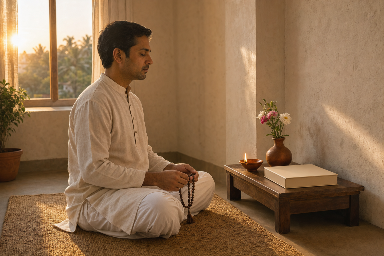 A practitioner seated on a woven mat uses prayer beads before a simple altar at dawn.