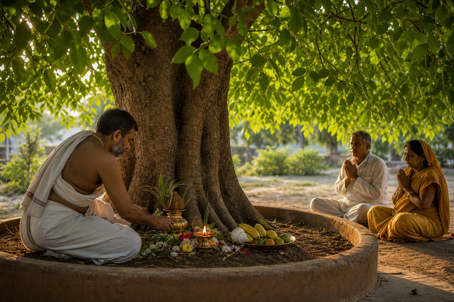 A priest arranges puja vessels, flowers, fruit, and a lamp at the protected base of a healthy bel tree with trifoliate leaves.