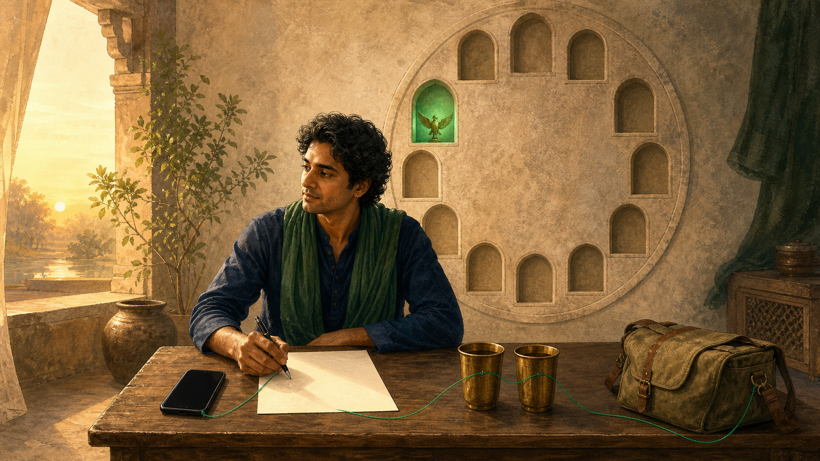 A person sits at a writing desk beside a blank phone, paired brass cups, and a travel satchel, while the third niche of a twelve-part wall relief glows green.