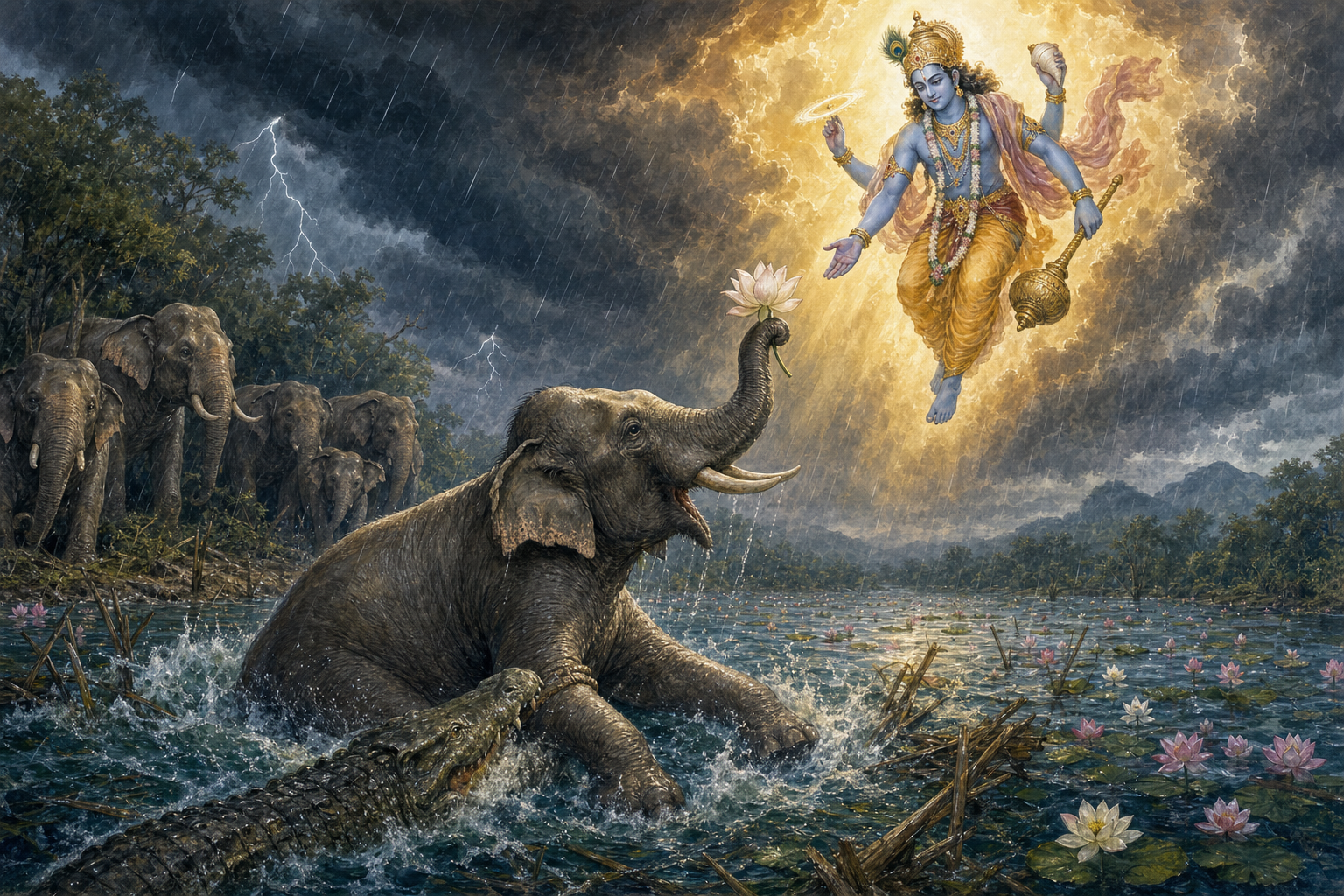 Gajendra raises a lotus from a turbulent lake as Vishnu descends in golden light while a crocodile grips the elephant's leg.