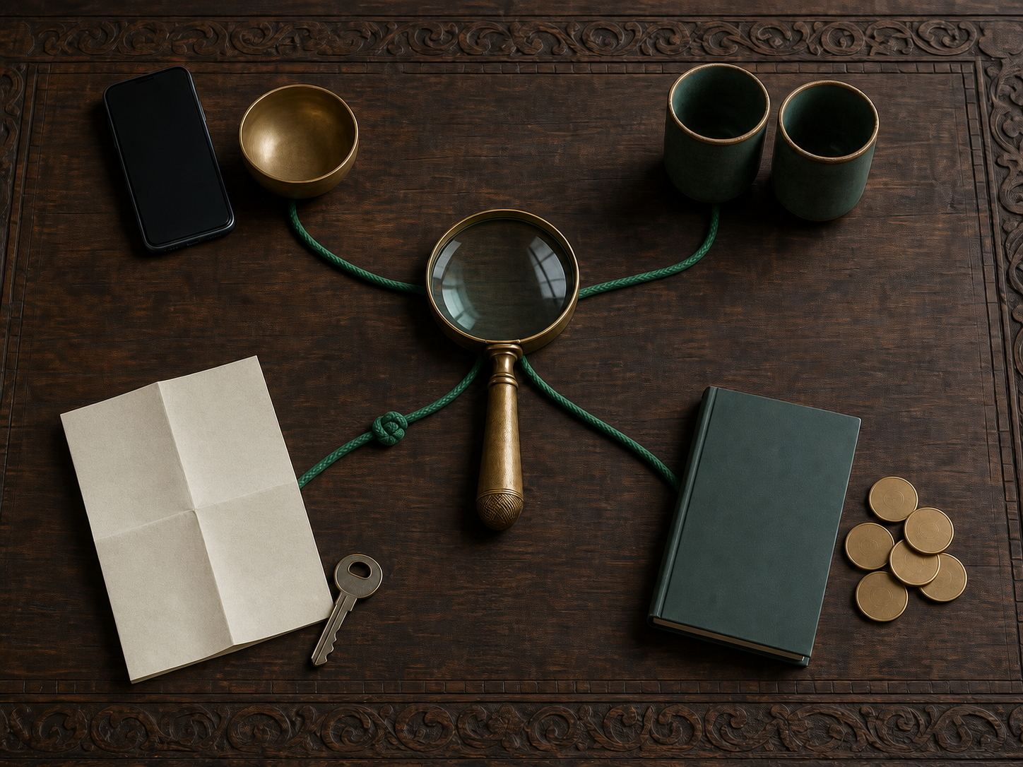 A magnifying glass rests over a knotted green cord branching toward a phone, paired cups, an unlabeled map with a key, and a blank ledger with coins.