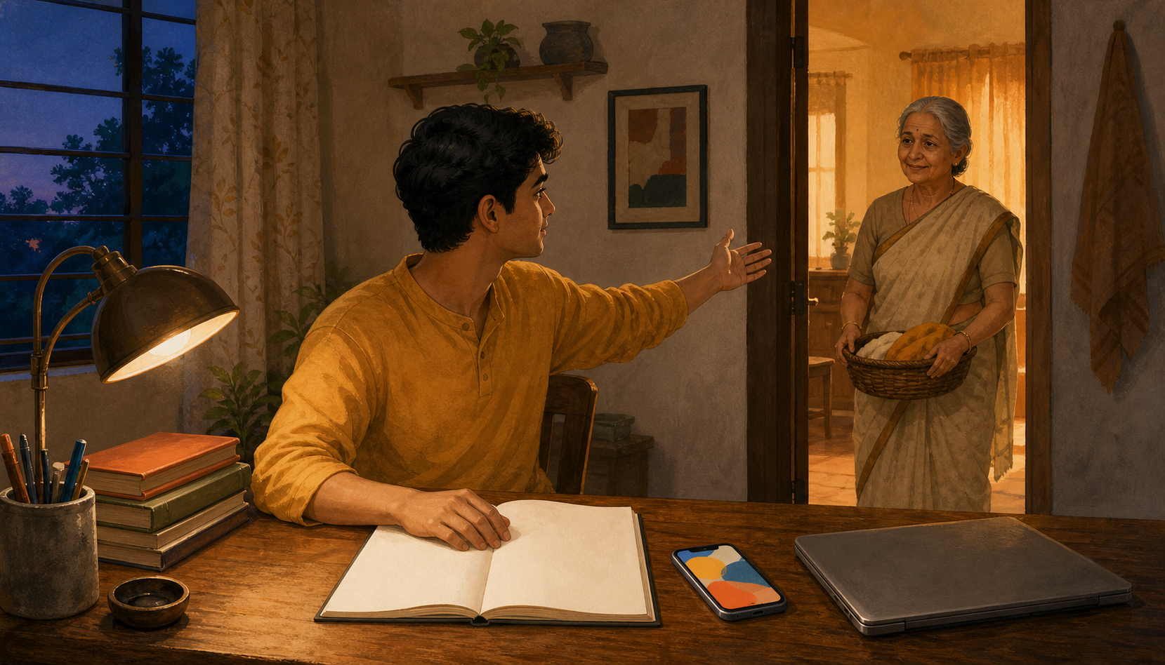 A student pauses at a desk between study materials, a phone, and an elderly family member waiting in the doorway.