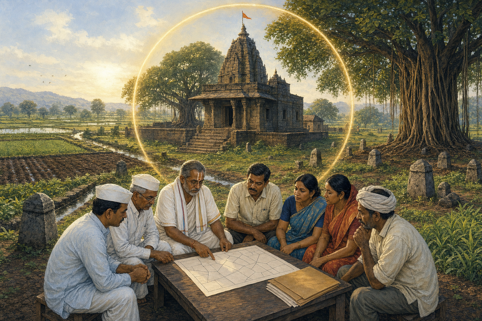 Temple trustees, devotees, an archaka, a tenant farmer, and a volunteer review an unlabeled parcel map beside a stone temple and farmland in Maharashtra.