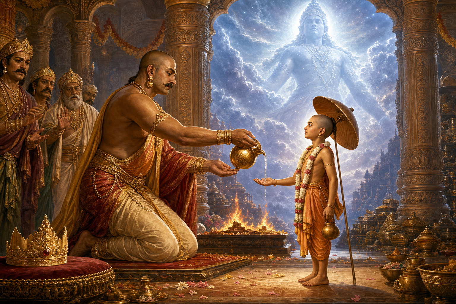 King Bali pours water into Vamana's hand in a ceremonial pavilion while concerned advisers watch and Bali's crown rests nearby.