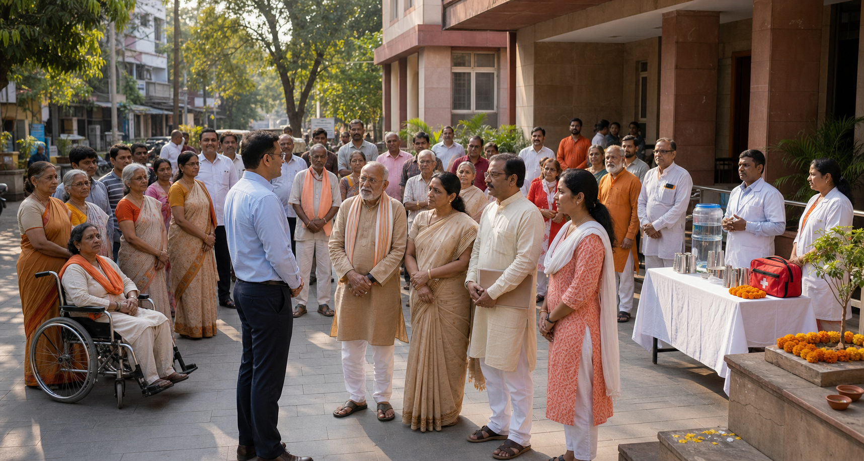 An orderly multigenerational civic gathering meets a public official outside a district building in Maharashtra while volunteers manage water, first aid, and an accessible walkway.