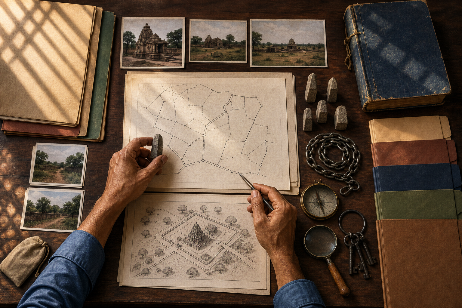 Hands assemble a temple-land parcel file using an unlabeled boundary map, site images, measuring tools, keys, and organized folders.