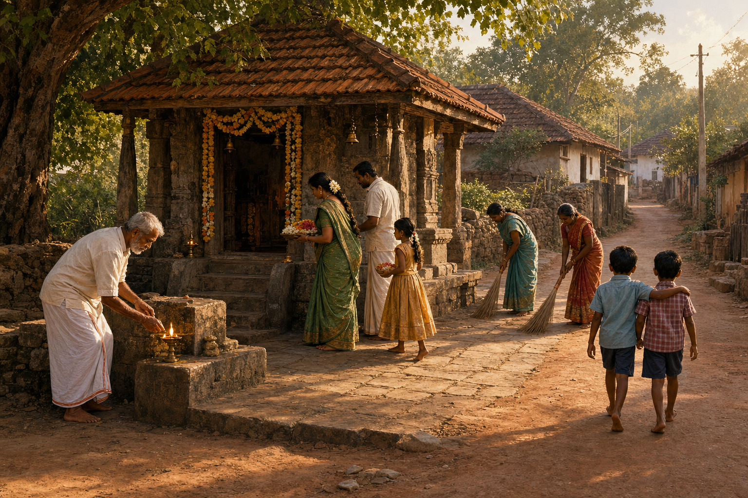 Worshippers and neighbors gather around a rural Karnataka shrine while a caretaker lights a lamp and others maintain the courtyard.
