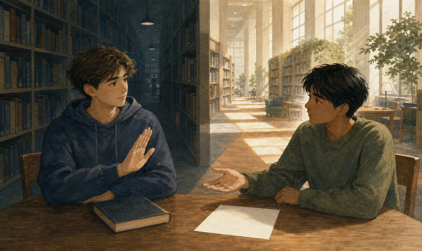 One student respectfully declines to hand a blank answer sheet to a classmate in a quiet library.