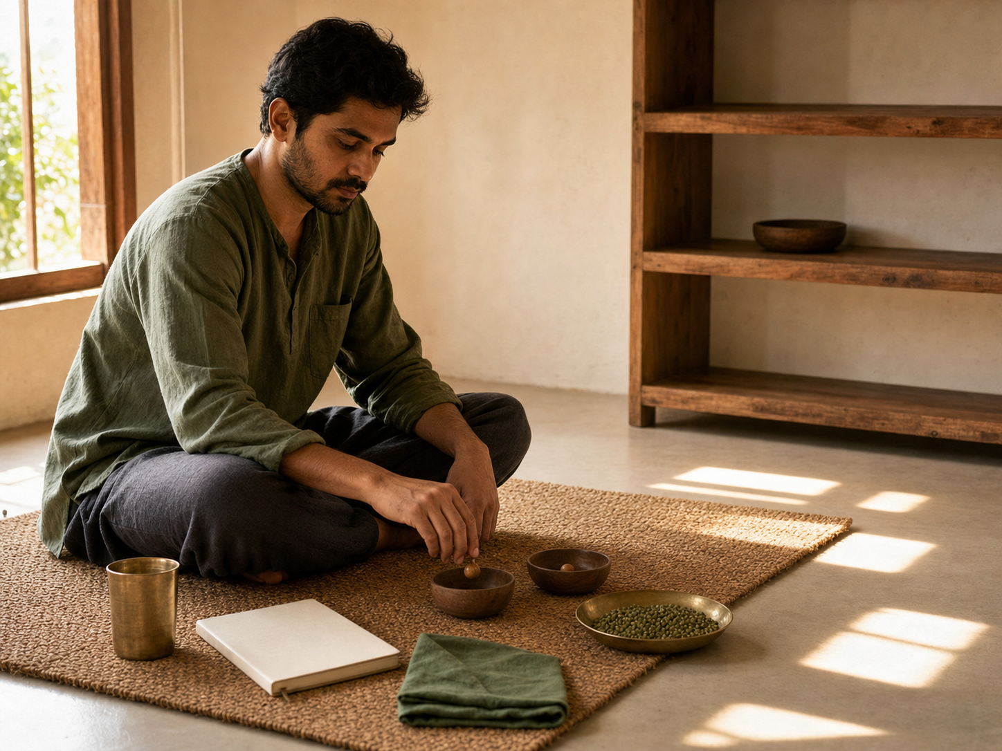 A person moves a wooden bead between two bowls beside a blank journal, brass cup, folded green cloth, and mung beans in a quiet sunlit room.
