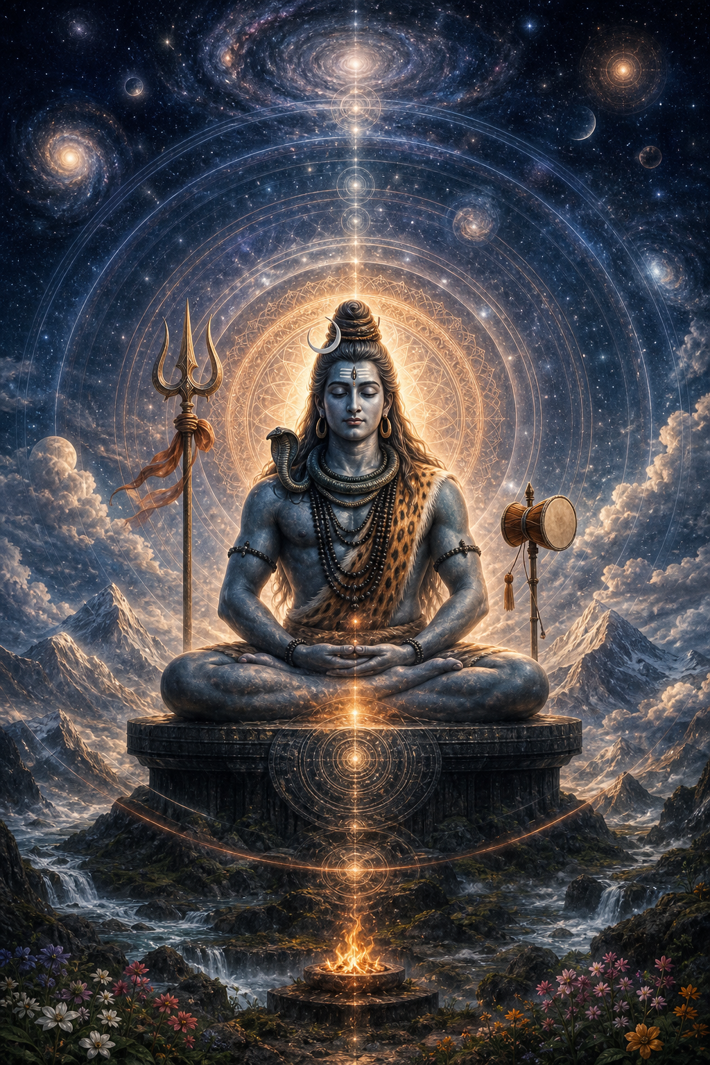 A luminous meditating form of Shiva sits amid mountains, rivers, fire, clouds, and a star-filled cosmic aura, with a trident and small drum nearby.