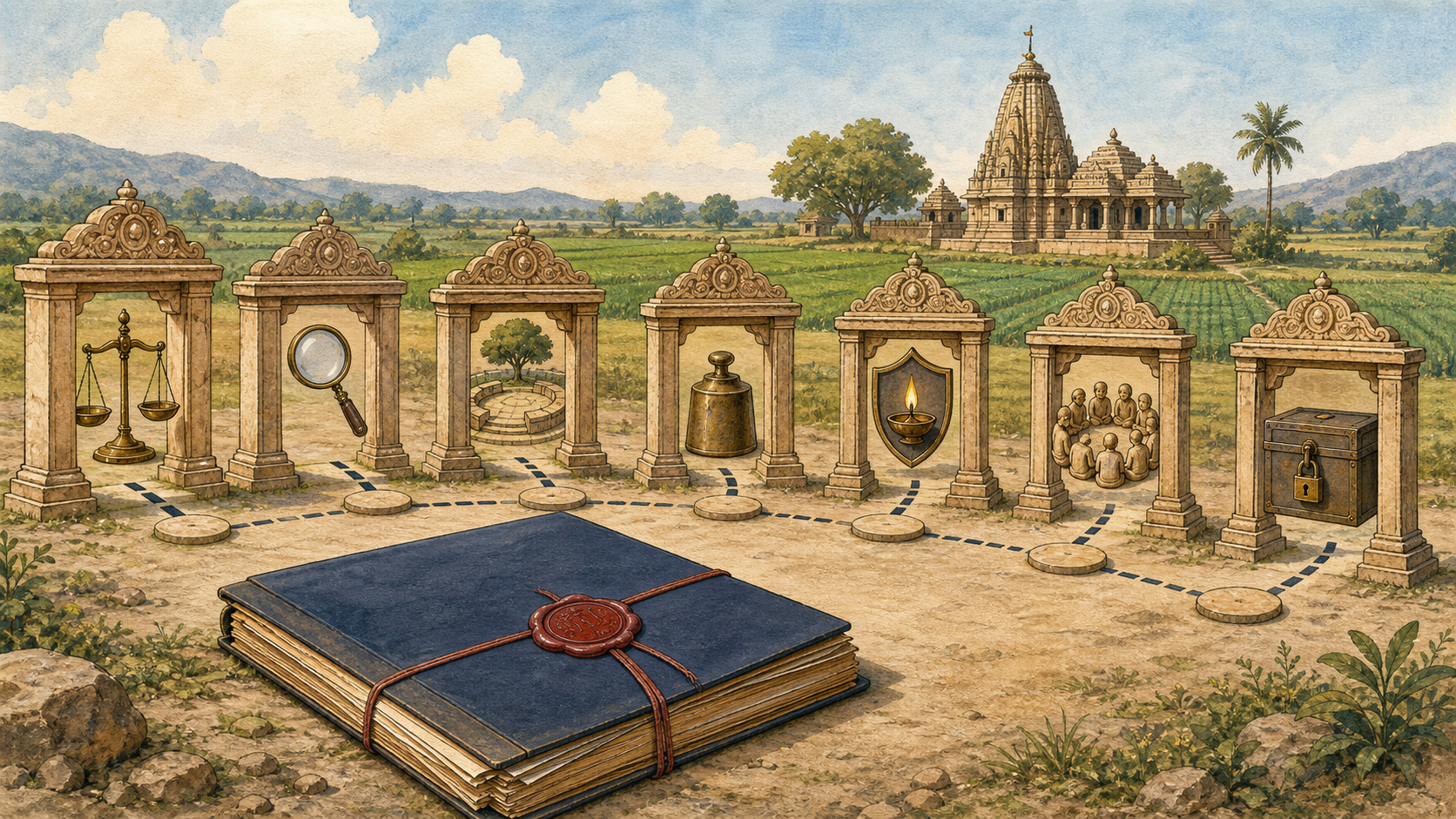 Seven stone gateways with nonverbal safeguard symbols stand between a sealed property file and a temple with adjoining fields.