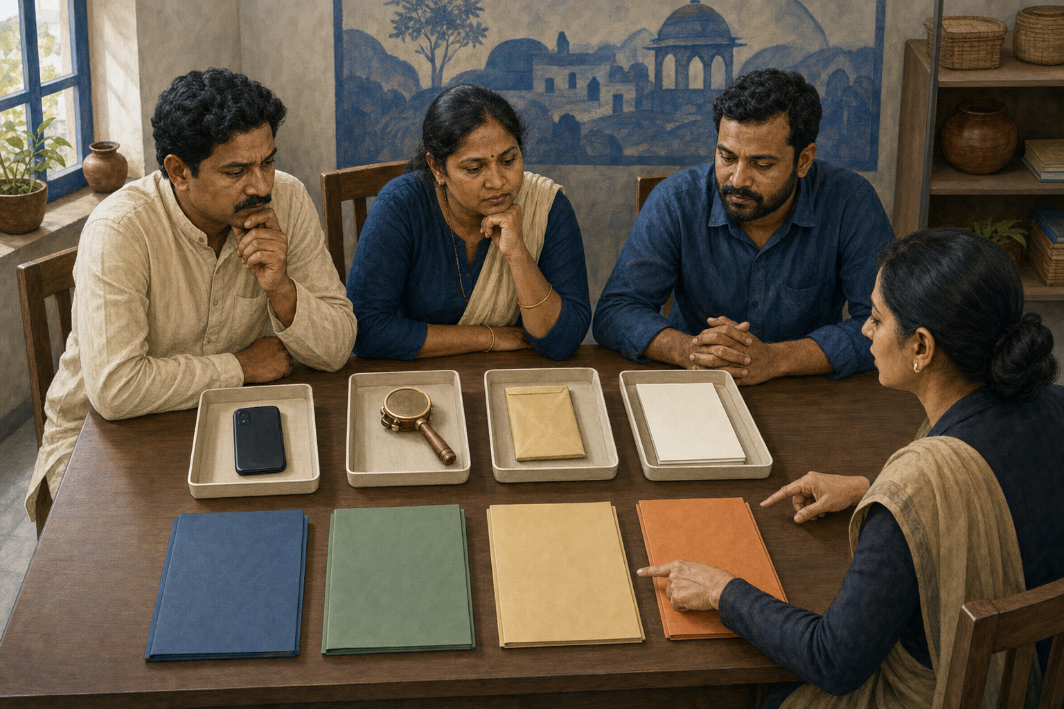 Community representatives and a legal adviser sort a phone, devotional instrument, evidence envelope, and blank forms into separate response pathways at a consultation table.