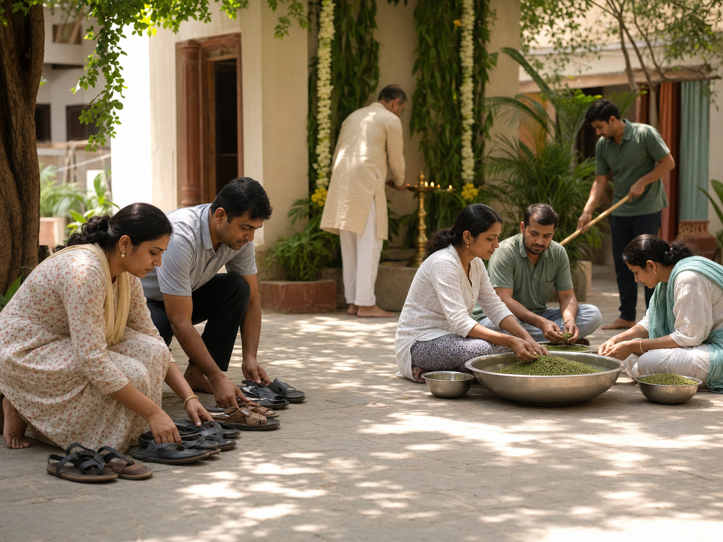 Volunteers arrange shoes, sort bowls of green mung beans, and sweep a community courtyard while a visitor lights a brass oil lamp in the background.