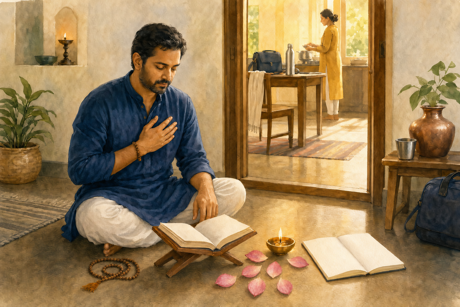 A reader sits at dawn beside an open book, prayer beads, an oil lamp, a blank notebook, and seven lotus petals in a quiet home.