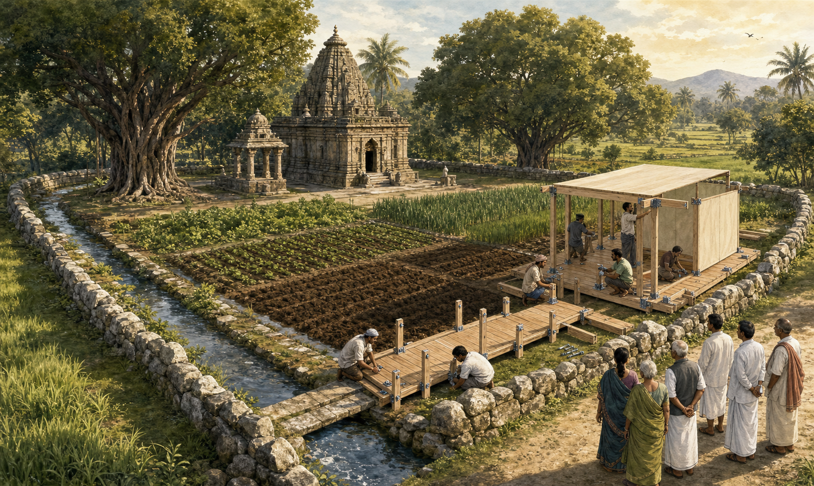 A temple and its farmland remain within intact boundary stones while a small removable pavilion and footbridge occupy one corner of the parcel.