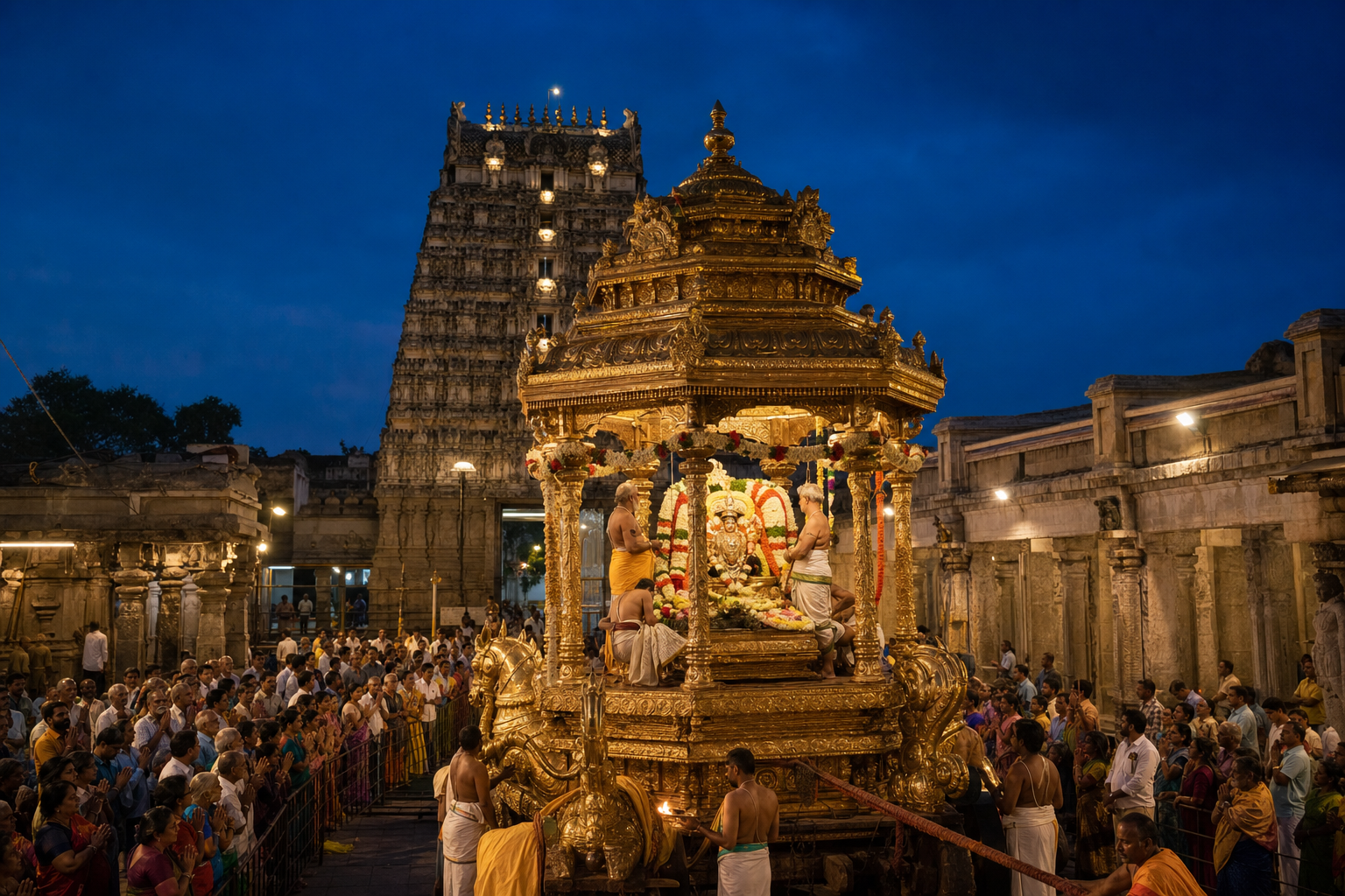 A gold-toned ceremonial chariot moves through a South Indian temple courtyard at dusk as priests and pilgrims gather around it.