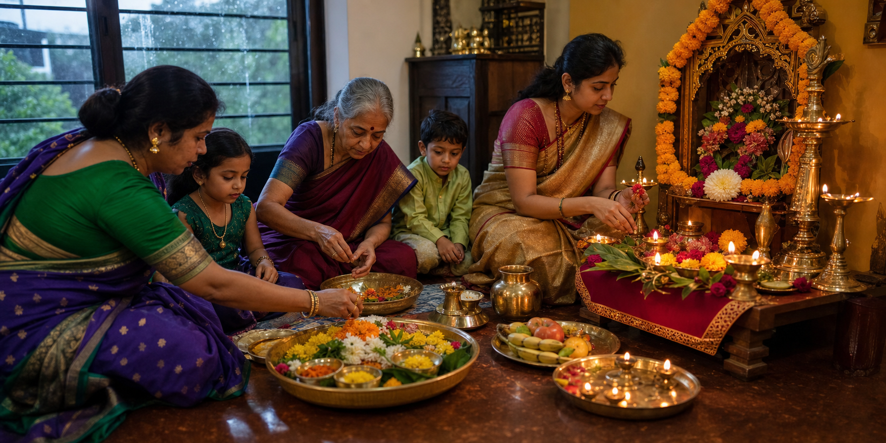 Women and children in a Maharashtrian home arrange flowers, fruit and brass lamps for a Friday Jivati Puja.