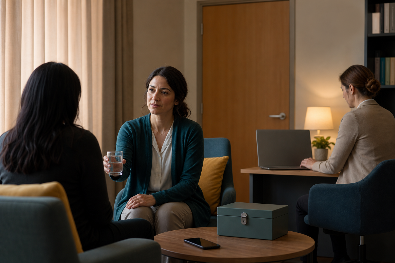 An adult survivor sits privately with a female support advocate while a legal-aid professional works at a screen facing away and sensitive materials remain secured.