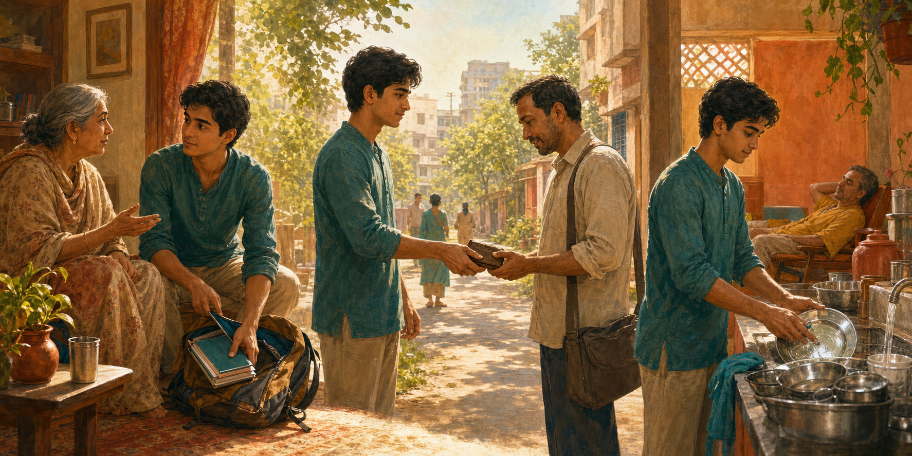 A young adult listens to an older relative, returns a dropped wallet, and washes shared dishes across connected everyday scenes.