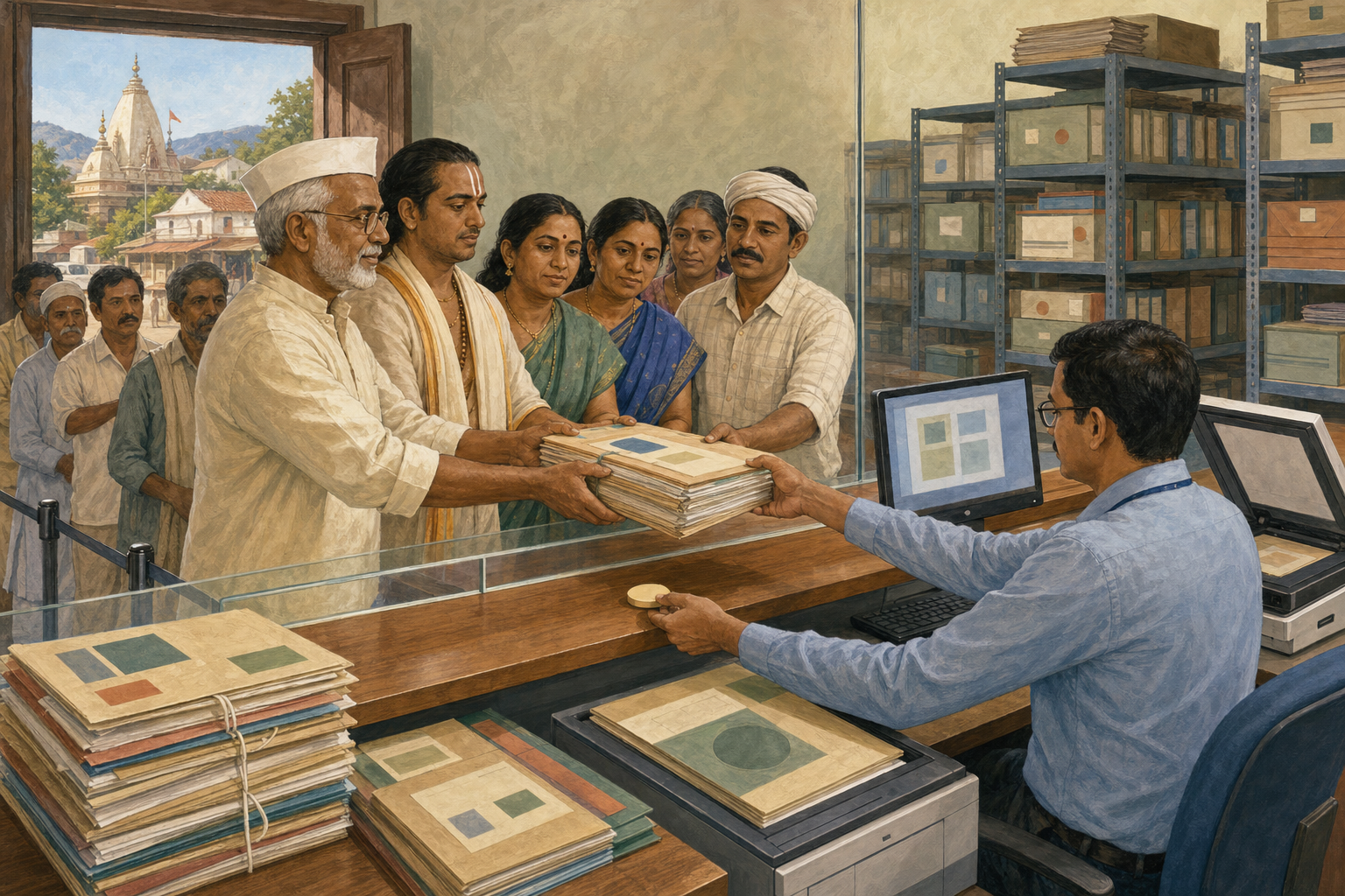 Trustees, devotees, an archaka, a tenant farmer, and a volunteer submit a temple-land evidence file at a public records counter.